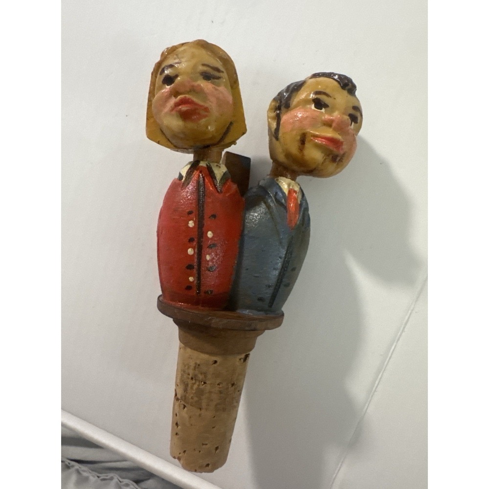 Vintage Kissing Cork Couple German Mechanical Hand Carved Wooden Wine Stopper
